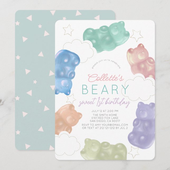Beary Sweet Pastel Gummy Bear Girl 1st Birthday Invitation (Front/Back)
