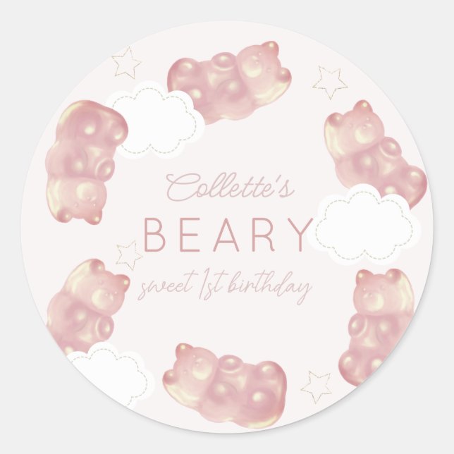 Beary Sweet Pink Gummy Bear Girl Birthday Classic Round Sticker (Front)