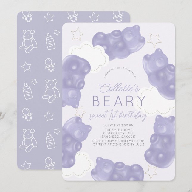 Beary Sweet Purple Gummy Bear 1st Birthday Invitation (Front/Back)
