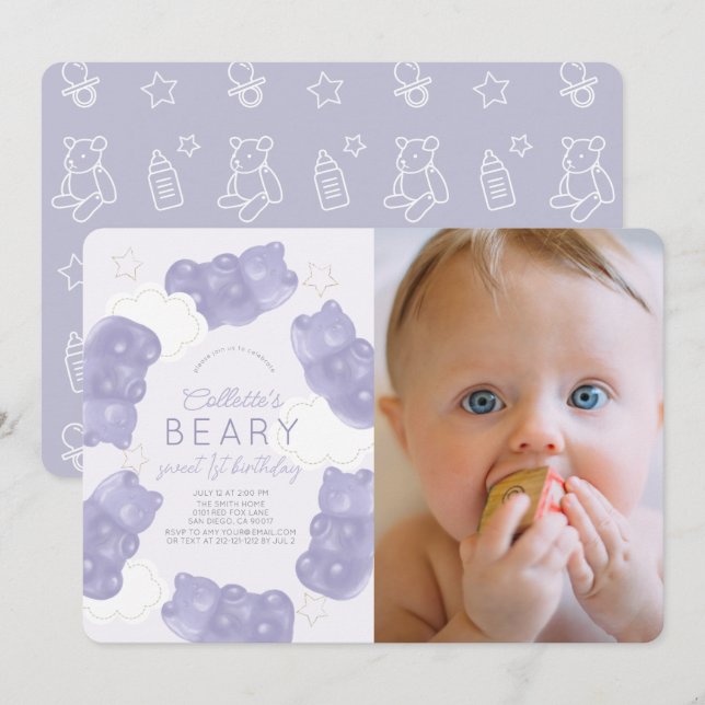 Beary Sweet Purple Gummy Bear 1st Birthday Photo Invitation (Front/Back)