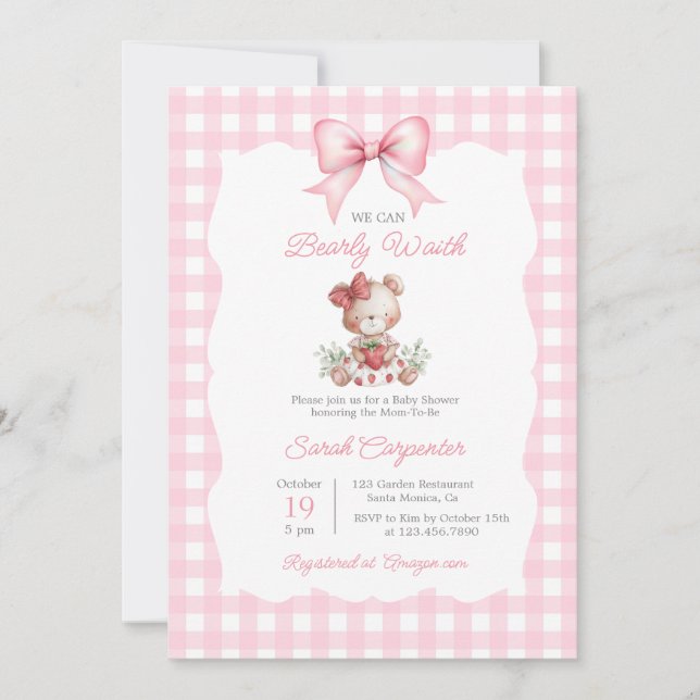 Beary Sweet Strawberry Baby Shower Girl Invitation (Front)