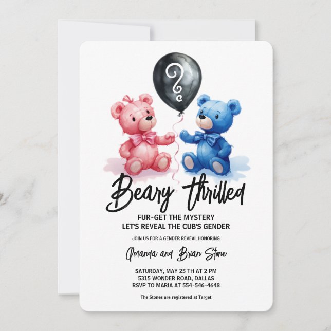 Beary Thrilled Bear Balloons Gender Reveal  Invitation (Front)