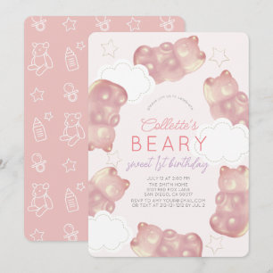 Beary Wait Pink Gummy Bear Girl 1st Birthday Invitation