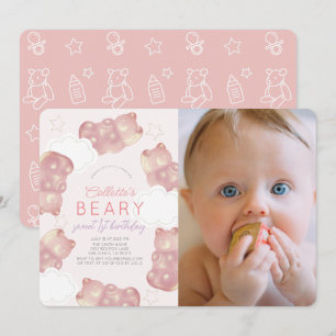 Beary Wait Pink Gummy Bear Girl 1st Birthday Invitation