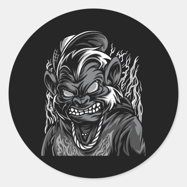 beast mode black and white illustration classic round sticker (Front)