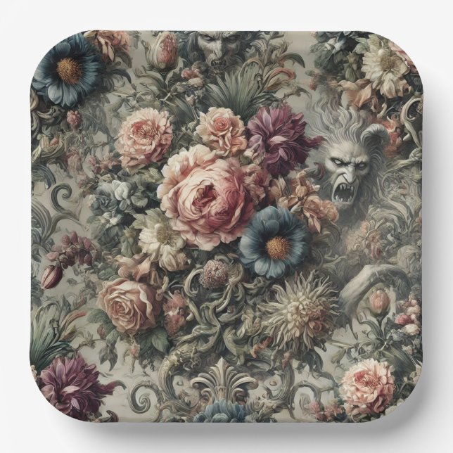 Beast of the Interstice – Gothic Floral Design Paper Plate (Front)