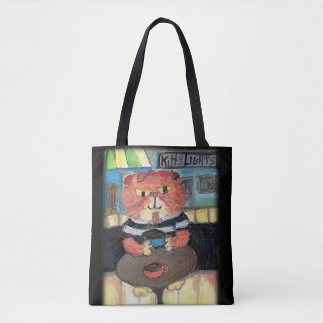 Beat Poet Coffeehouse Cat Folk Art Tote Bag (Front)