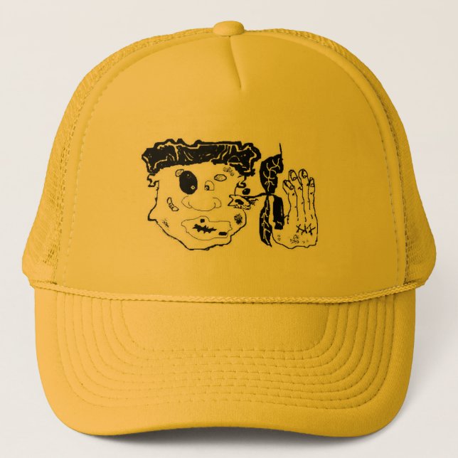 beat up graphic art trucker hat (Front)