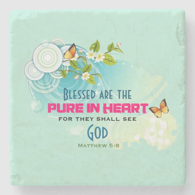 Beatitude Quote with Butterflies and Blossoms Stone Coaster (Front)