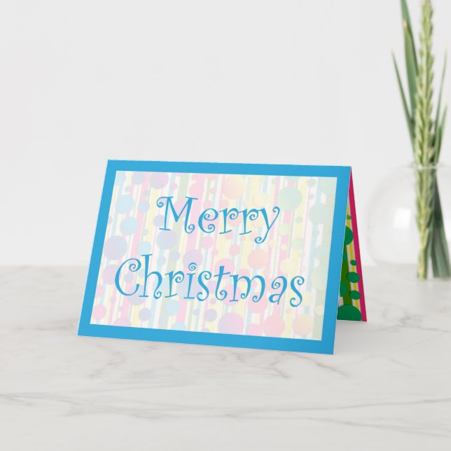 [Beatnik Bubbles] Retro Polka Dot Striped Blue Holiday Card (Front)