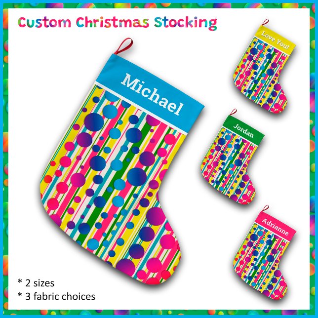 [Beatnik Bubbles] Retro Polka Dot Striped Blue Large Christmas Stocking (Custom text on front and back.)
