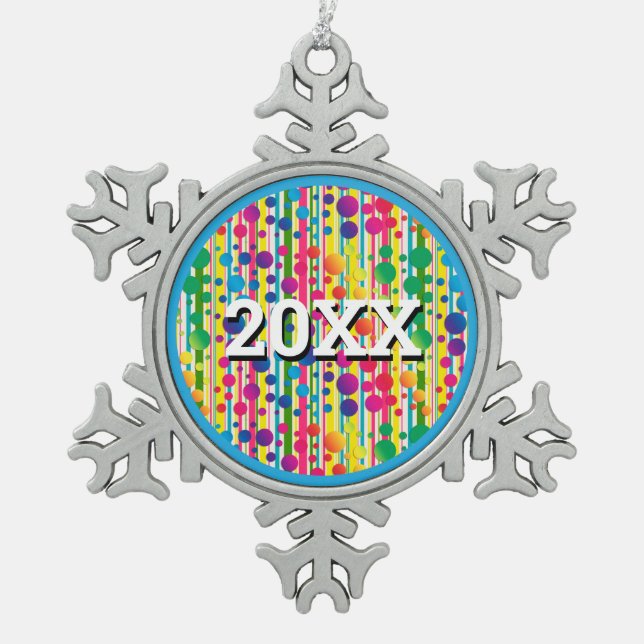 [Beatnik Bubbles] Retro Polka Dot Striped Blue Snowflake Pewter Christmas Ornament (Front)