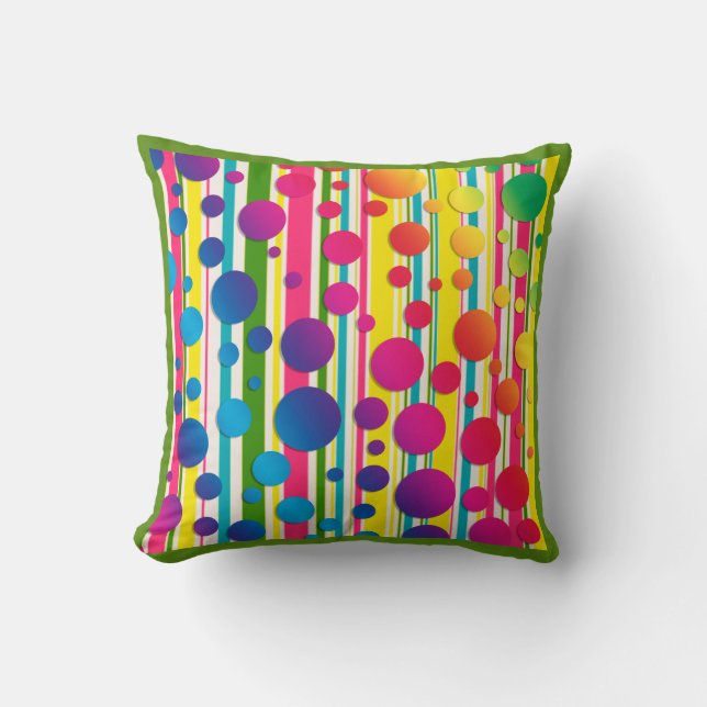 [Beatnik Bubbles] Retro Polka Dot Striped Green Cushion (Front)