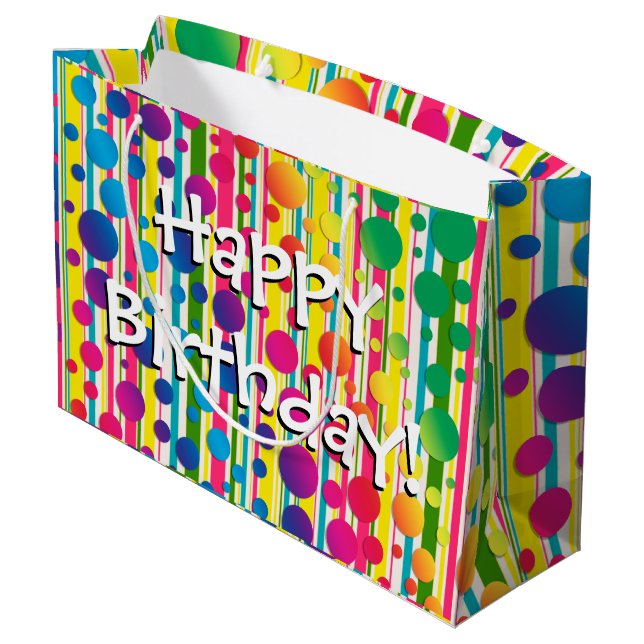 [Beatnik Bubbles] Retro Polka Dot Striped Rainbow Large Gift Bag (Back Angled)