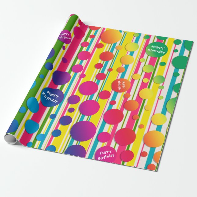 [Beatnik Bubbles] Retro Polka Dot Striped Rainbow Wrapping Paper (Unrolled)
