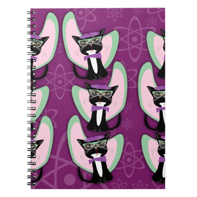 Beatnik Cat Carto0n Fun Purple Pattern Notebook (Front)