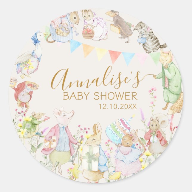 Beatrix Peter the Rabbit Woodland Baby Shower Classic Round Sticker (Front)