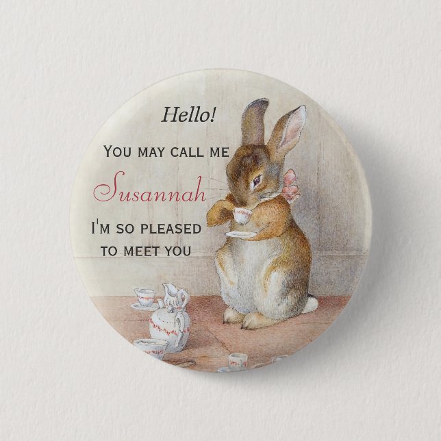 Beatrix Potter Bunny Rabbit Name Tag Button Pin (Front)