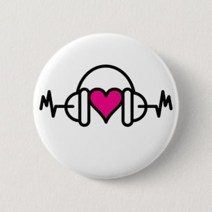 Beats of Love   Pink heart with pulse & headphone 6 Cm Round Badge