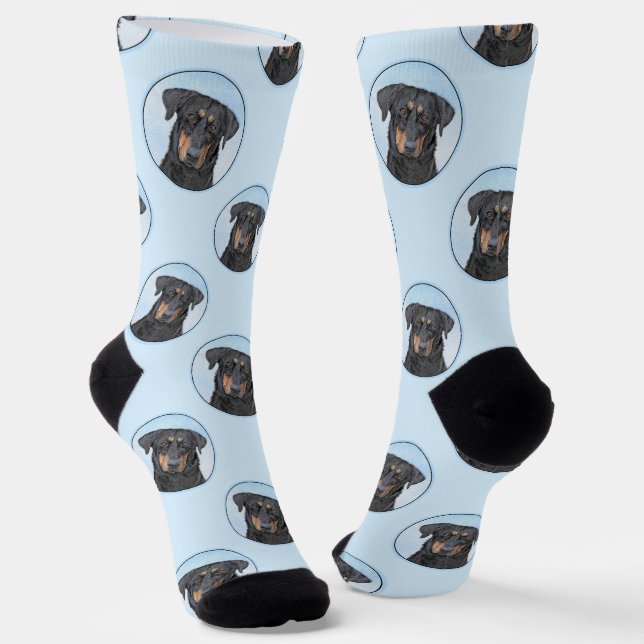 Beauceron Black and Tan Painting Sheepdog Dog Art Socks (Angled)
