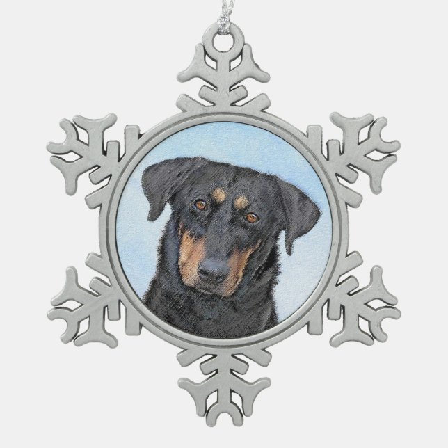 Beauceron Painting - Cute Original Dog Art Snowflake Pewter Christmas Ornament (Front)