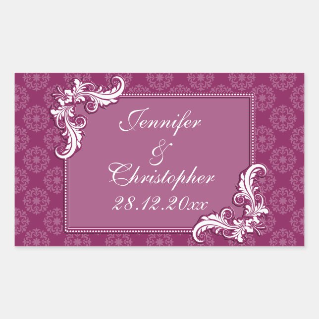 Beaujolais Damask and Floral Frame Wedding Rectangular Sticker (Front)