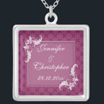 Beaujolais Damask and Floral Frame Wedding Silver Plated Necklace<br><div class="desc">A vintage style design for your upcoming nuptials featuring a subtle damask pattern on a beaujolais pink background. The text is surrounded by a rectangular frame with a floral swirl in two of the corners with a raised printed effect. The text is fully customisable for your own special occasion. The...</div>