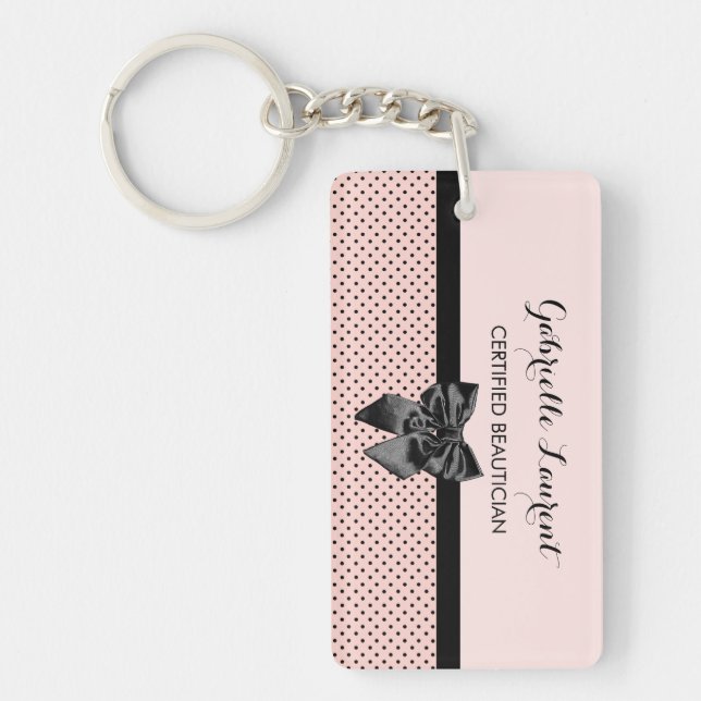 Beautician Chic Parisian Pink Polka Dots Black Bow Key Ring (Front)