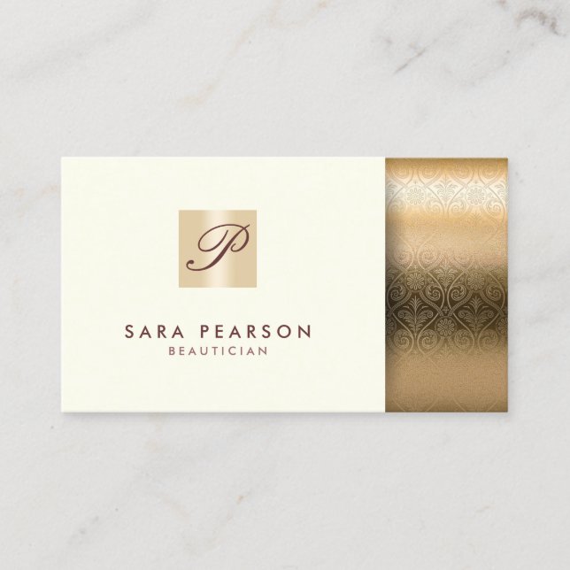Beautician Elegant Gold Monogram Damask Business Card (Front)