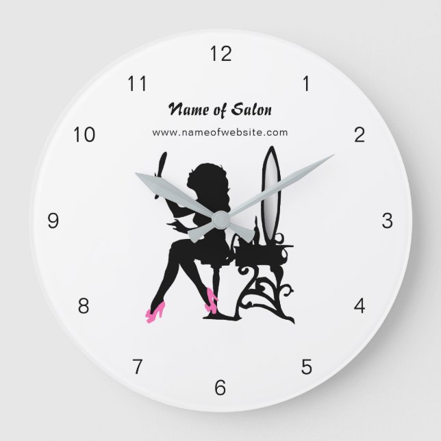Beautician Pink and Black Girly Girl Hair Stylist Large Clock (Front)