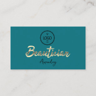 Beautician Script Gold QRCode Logo Teal Business Card