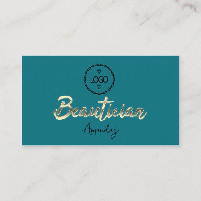 Beautician Script Gold QRCode Logo Teal Business Card (Front)