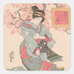 Beauties under Cherry Blossoms Vintage Ukiyo-e Square Sticker