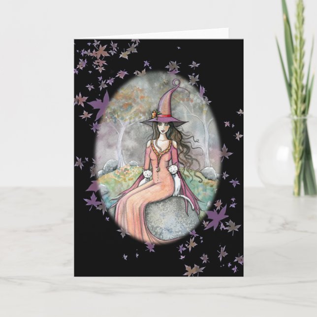 Beautifu Halloween Witch White Cat Card (Front)