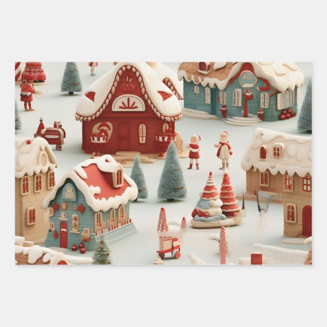 Beautiful 3D Christmas Market Wrapping Paper Sheet (Front)