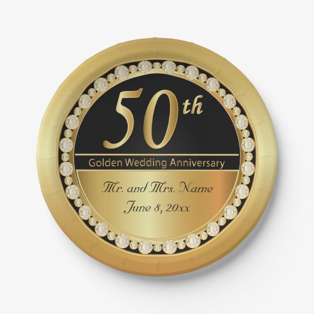 Beautiful 50th Golden Wedding Anniversary Paper Plate (Front)