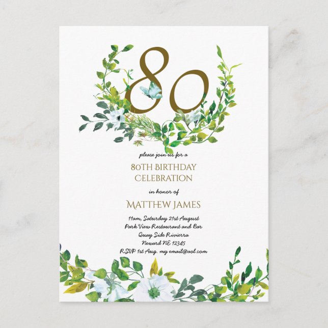Beautiful 80th Birthday Invitation Postcards Leafy (Front)