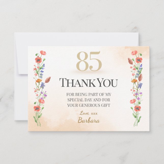Beautiful 85th Birthday – Wildflower Design Thank You Card (Front)