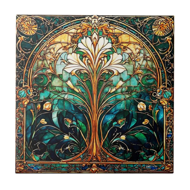 Beautiful Abstract Art Deco Nouveau Ceramic Tile (Front)