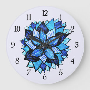 Beautiful Abstract Blue Flower Ink Drawing Large Clock