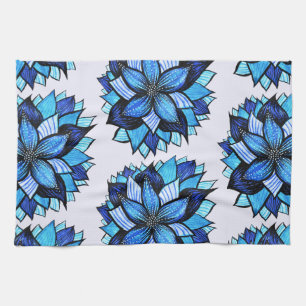 Beautiful Abstract Blue Flower Ink Drawing Pattern Tea Towel