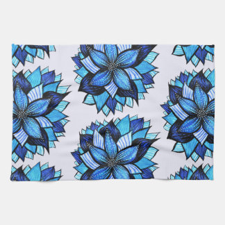 Beautiful Abstract Blue Flower Ink Drawing Pattern Tea Towel
