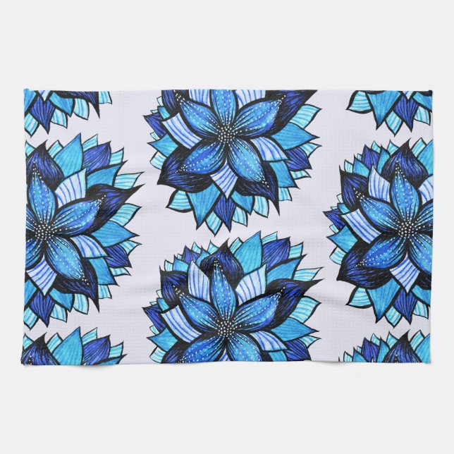Beautiful Abstract Blue Flower Ink Drawing Pattern Tea Towel (Horizontal)