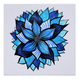 Beautiful Abstract Blue Flower Ink Drawing Poster