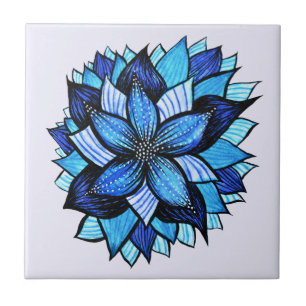 Beautiful Abstract Blue Flower Ink Drawing Tile