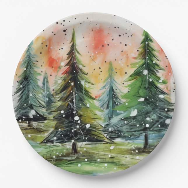 Beautiful Abstract Christmas Trees Glowing Sky Paper Plate (Front)