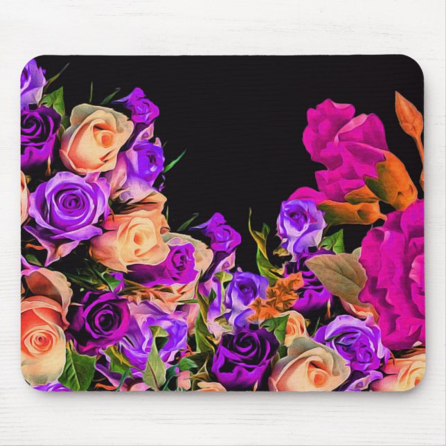 Beautiful Abstract Flowers Black Background Mouse Mat (Front)