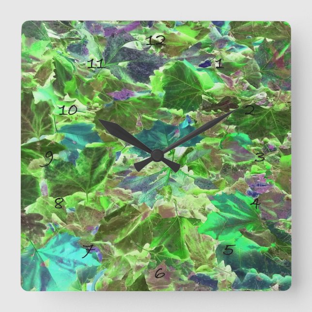 Beautiful Abstract Green Leaves Foliage Square Wall Clock (Front)