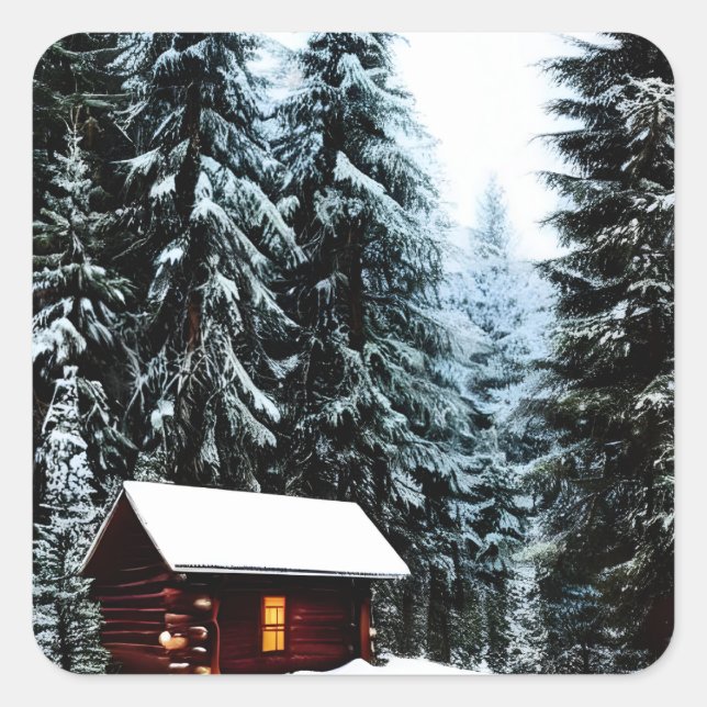 Beautiful Abstract Little Winter Cabin Square Sticker (Front)