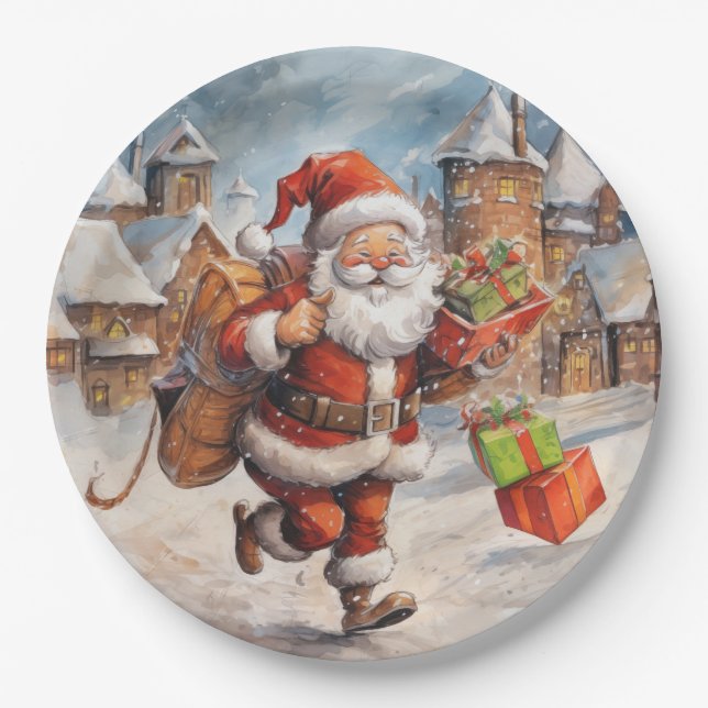 Beautiful Abstract Running Santa Claus Gifts Paper Plate (Front)